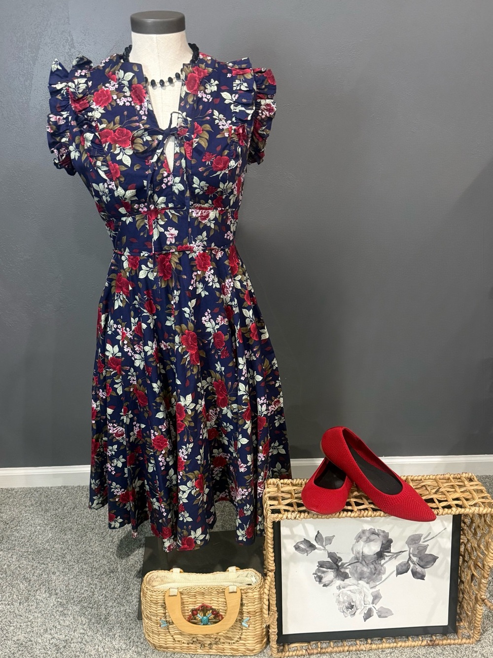 Navy Floral Tie-Front Midi Dress with Ruffle Sleeves